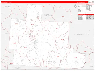 Athens County, OH RedLine style ZIP Code wall map