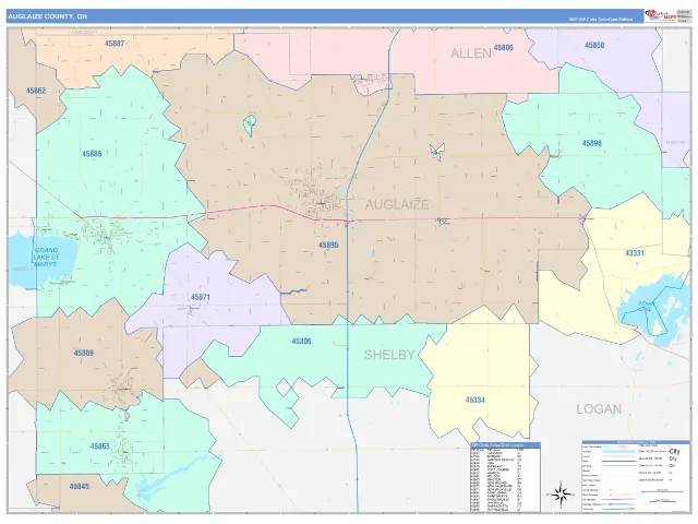 Auglaize County, OH ZIP Code Wall Map, ColorCast style