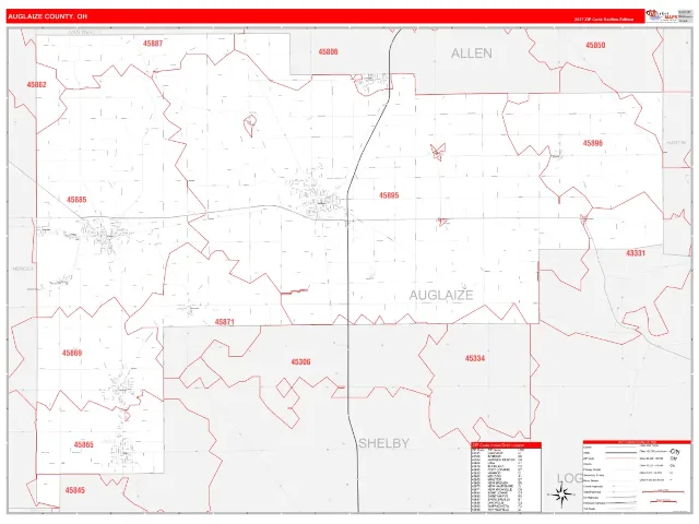 Auglaize County, OH ZIP Code Wall Map, RedLine style