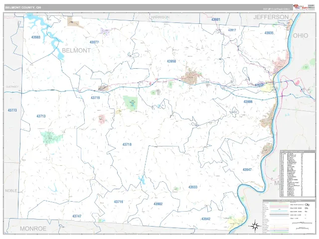 Belmont County, OH ZIP Code Wall Map, Classic style