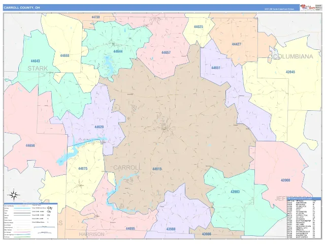 Carroll County, OH ZIP Code Wall Map, ColorCast style