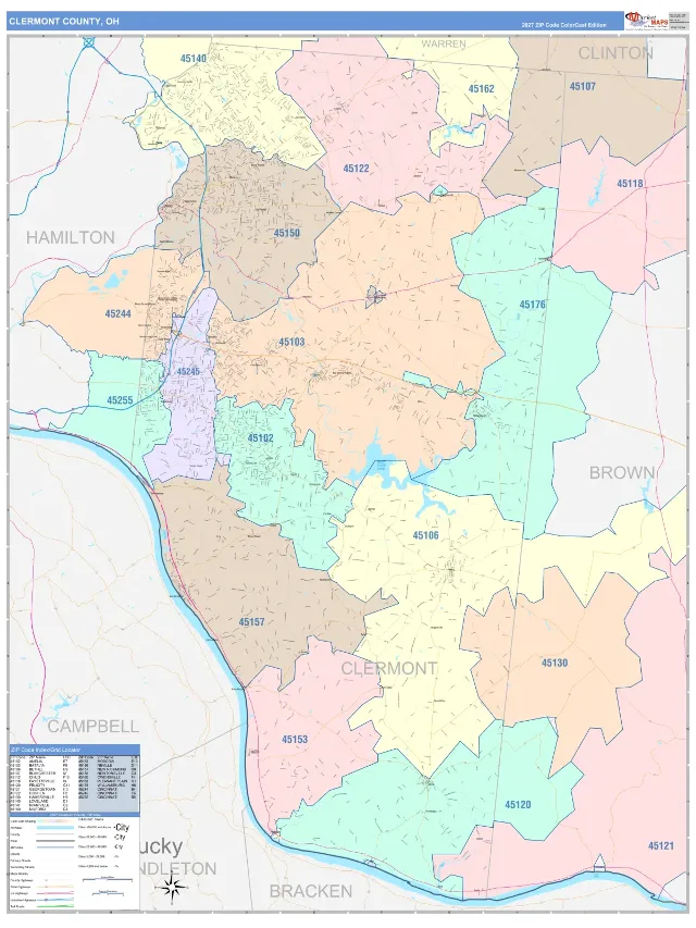 Clermont County, OH ZIP Code Wall Map, ColorCast style