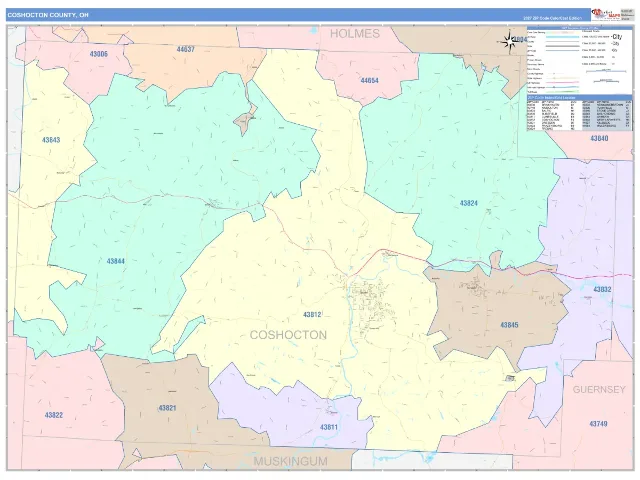 Coshocton County, OH ZIP Code Wall Map, ColorCast style