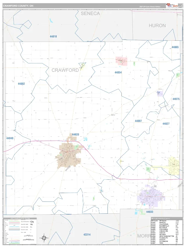Crawford County, OH ZIP Code Wall Map, Classic style