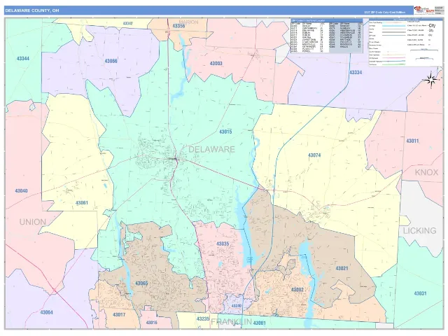 Delaware County, OH ZIP Code Wall Map, ColorCast style