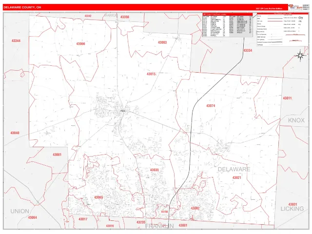 Delaware County, OH ZIP Code Wall Map, RedLine style