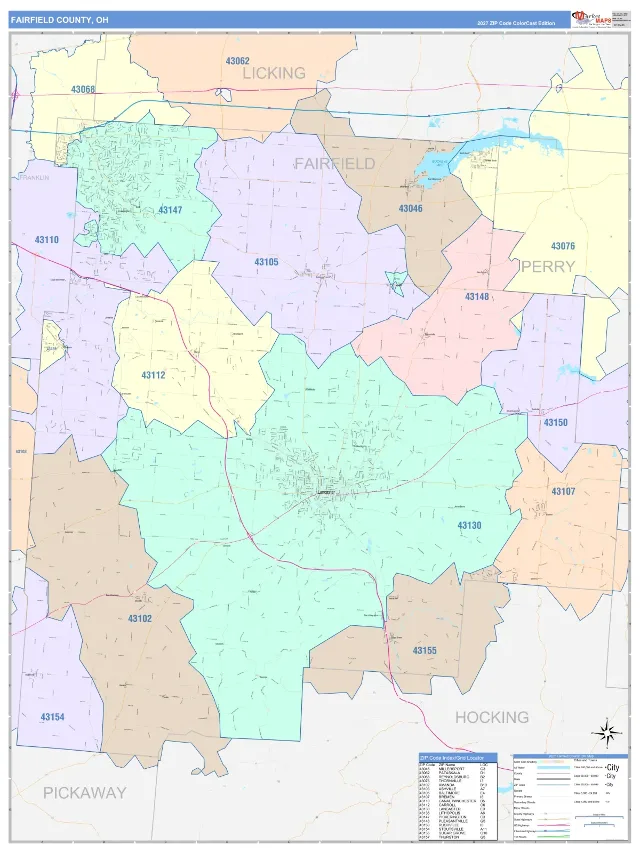 Fairfield County, OH ZIP Code Wall Map, ColorCast style