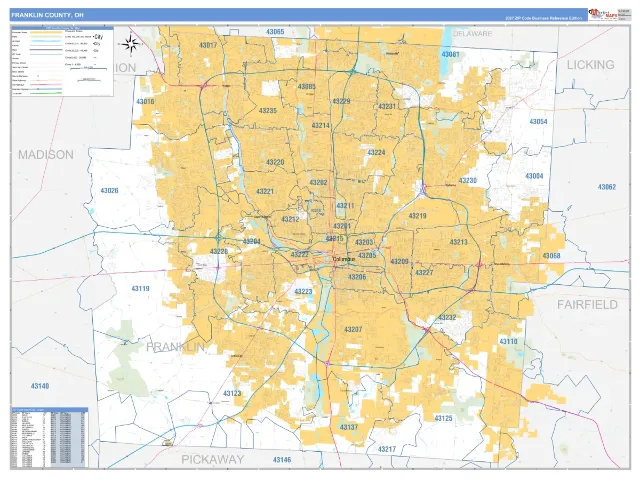 Franklin County, OH ZIP Code Wall Map, Business Reference style