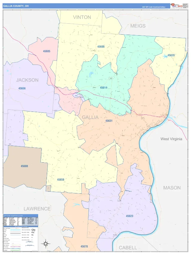 Gallia County, OH ZIP Code Wall Map, ColorCast style