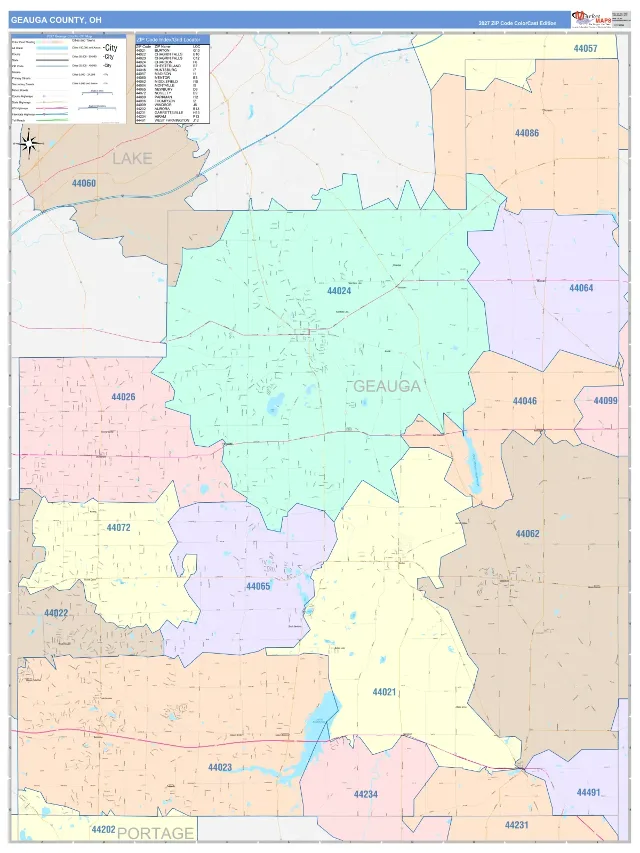 Geauga County, OH ZIP Code Wall Map, ColorCast style