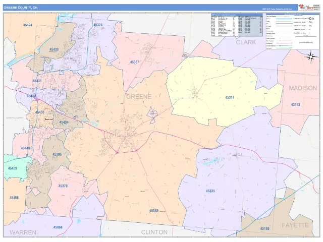 Greene County, OH ZIP Code Wall Map, ColorCast style