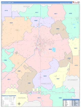Hancock County, OH ColorCast style ZIP Code wall map