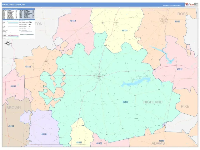 Highland County, OH ZIP Code Wall Map, ColorCast style