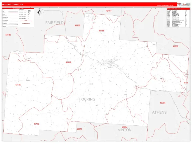 Hocking County, OH ZIP Code Wall Map, RedLine style