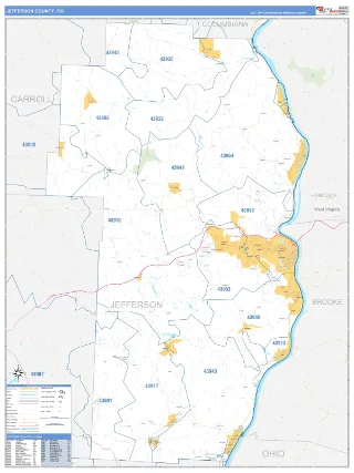 Jefferson County, OH Business Reference style ZIP Code wall map