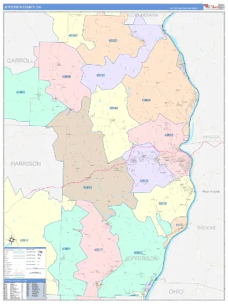 Jefferson County, OH ColorCast style ZIP Code wall map