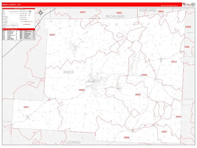 Knox County, OH ZIP Code Wall Map, RedLine style