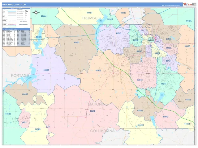Mahoning County, OH ZIP Code Wall Map, ColorCast style