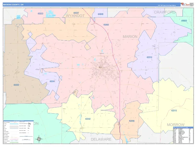 Marion County, OH ZIP Code Wall Map, ColorCast style