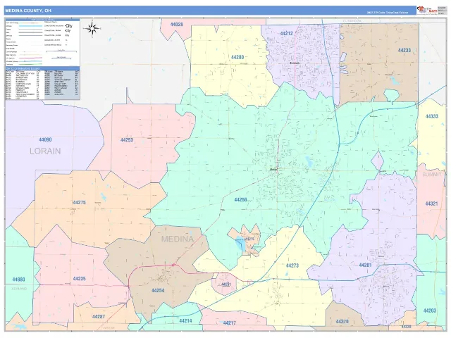 Medina County, OH ZIP Code Wall Map, ColorCast style