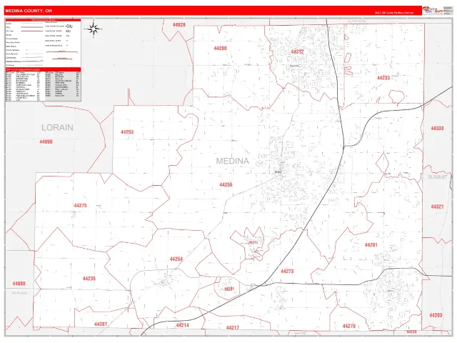 Medina County, OH ZIP Code Wall Map, RedLine style