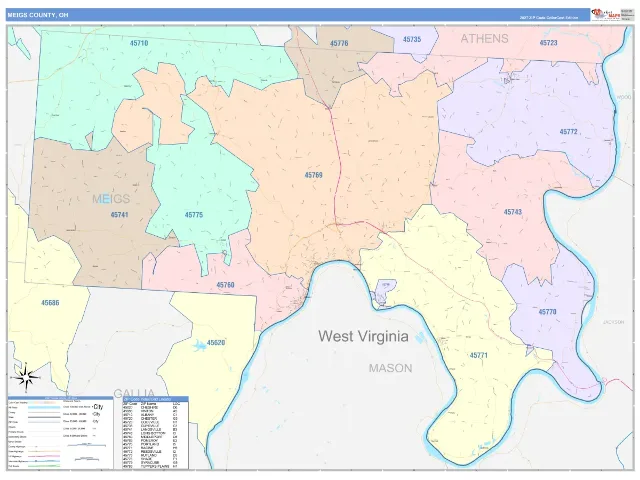 Meigs County, OH ZIP Code Wall Map, ColorCast style