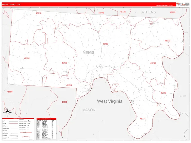 Meigs County, OH ZIP Code Wall Map, RedLine style