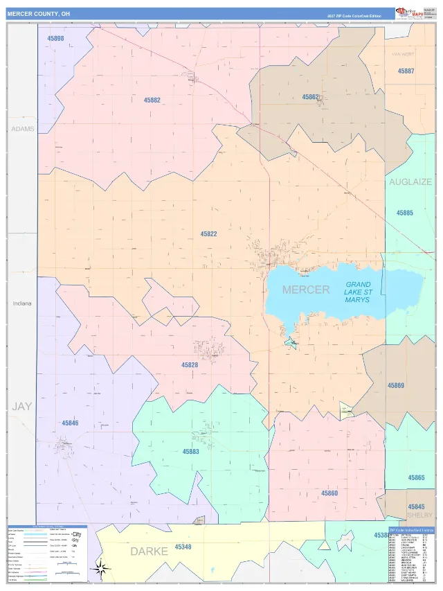 Mercer County, OH ZIP Code Wall Map, ColorCast style