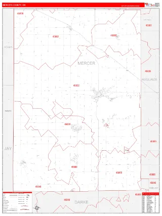 Mercer County, OH RedLine style ZIP Code wall map