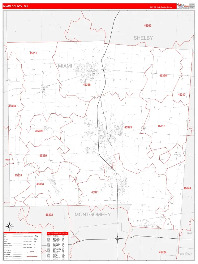 Miami County, OH ZIP Code Wall Map, RedLine style