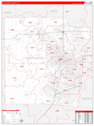 Montgomery County, OH RedLine style ZIP Code wall map