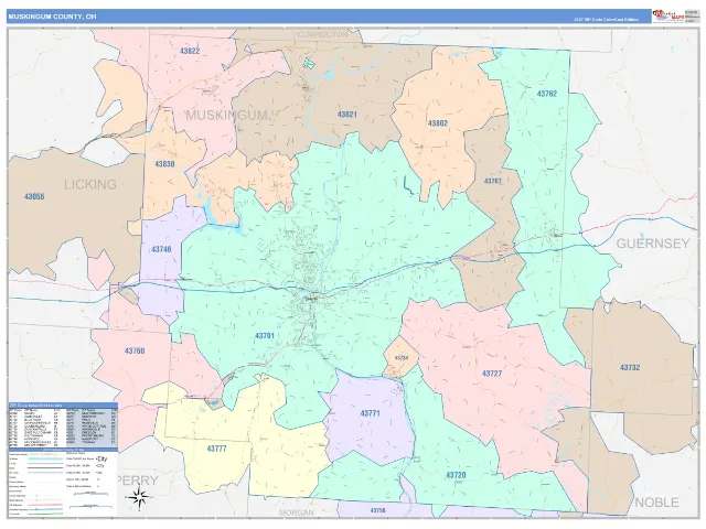 Muskingum County, OH ZIP Code Wall Map, ColorCast style
