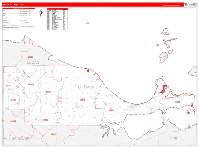 Ottawa County, OH ZIP Code Wall Map, RedLine style