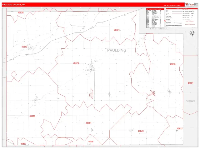 Paulding County, OH ZIP Code Wall Map, RedLine style