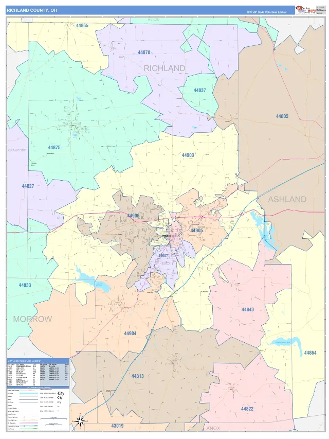 Richland County, OH ZIP Code Wall Map, ColorCast style