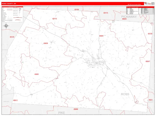 Ross County, OH ZIP Code Wall Map, RedLine style