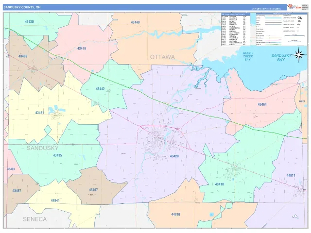 Sandusky County, OH ZIP Code Wall Map, ColorCast style