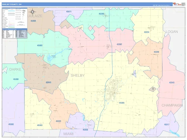 Shelby County, OH ZIP Code Wall Map, ColorCast style
