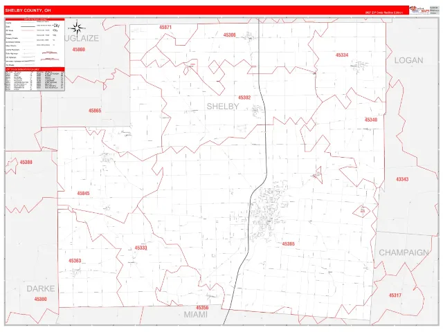 Shelby County, OH ZIP Code Wall Map, RedLine style