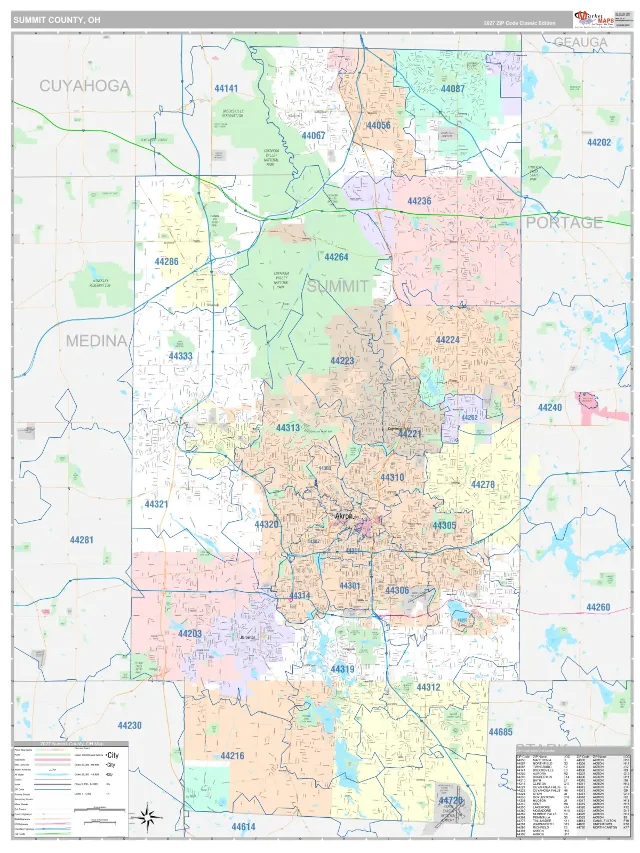 Summit County, OH ZIP Code Wall Map, Classic style