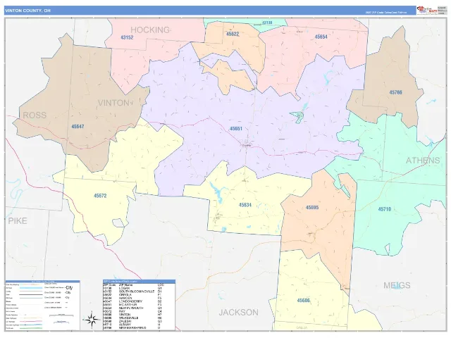 Vinton County, OH ZIP Code Wall Map, ColorCast style