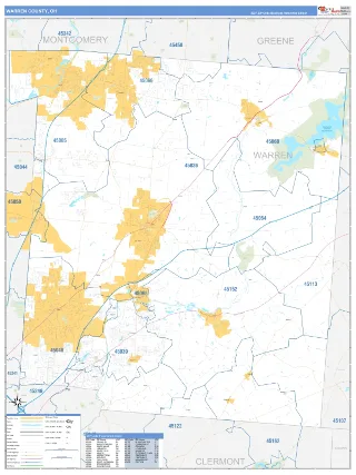 Warren County, OH Business Reference style ZIP Code wall map