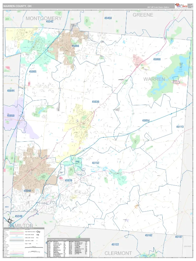 Warren County, OH ZIP Code Wall Map, Classic style