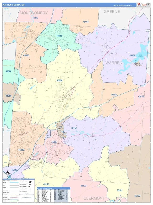 Warren County, OH ZIP Code Wall Map, ColorCast style