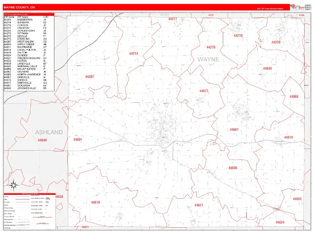 Wayne County, OH ZIP Code Wall Map, RedLine style