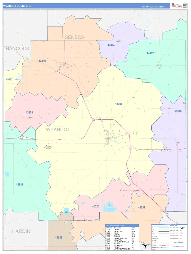 Wyandot County, OH ZIP Code Wall Map, ColorCast style