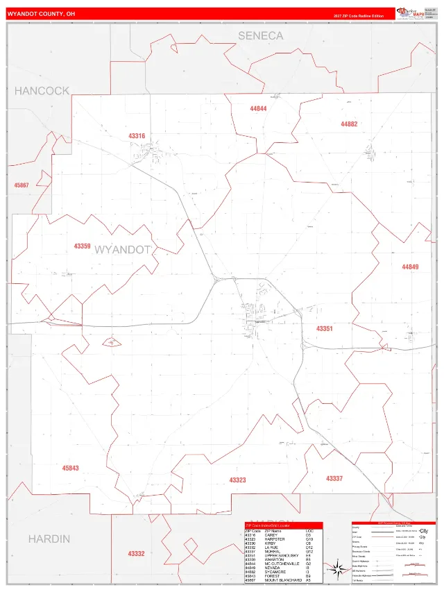 Wyandot County, OH ZIP Code Wall Map, RedLine style