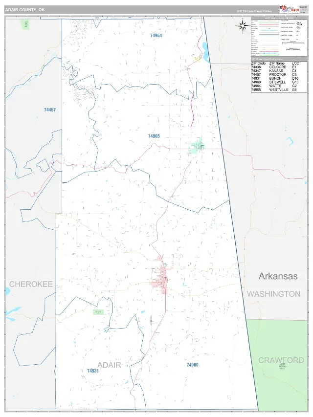 Adair County, OK ZIP Code Wall Map, Classic style