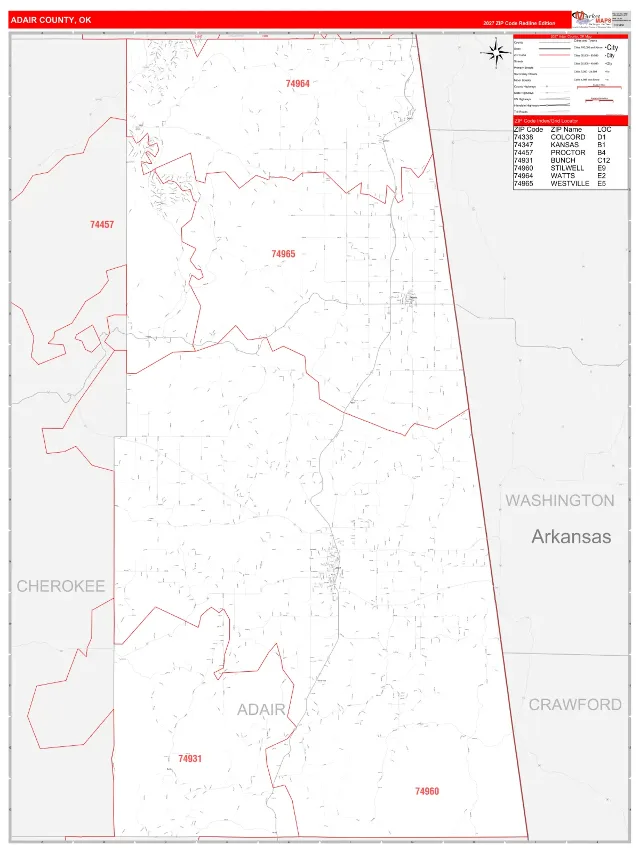 Adair County, OK ZIP Code Wall Map, RedLine style