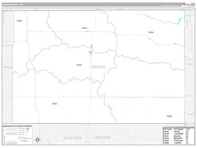 Beaver County, OK ZIP Code Wall Map, Classic style